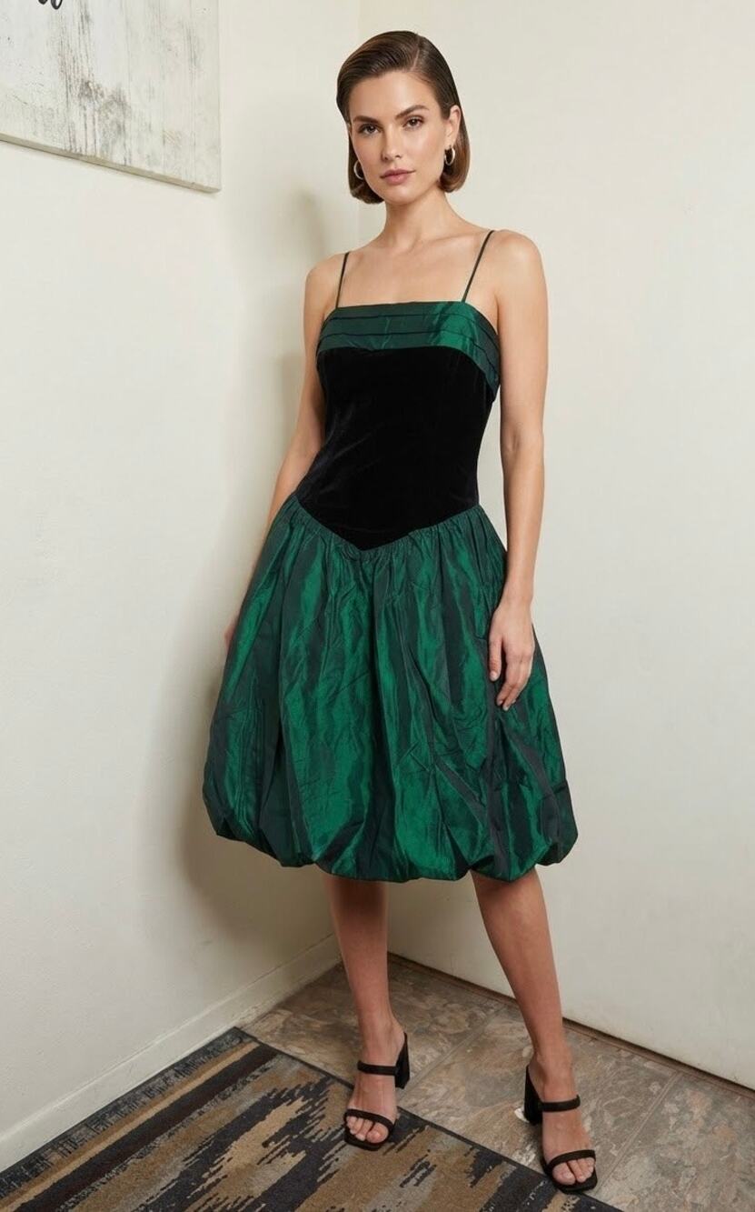 VTG 1980s Jodi Michaels Prom Party Dress Green Metallic Bubble Skirt Basque